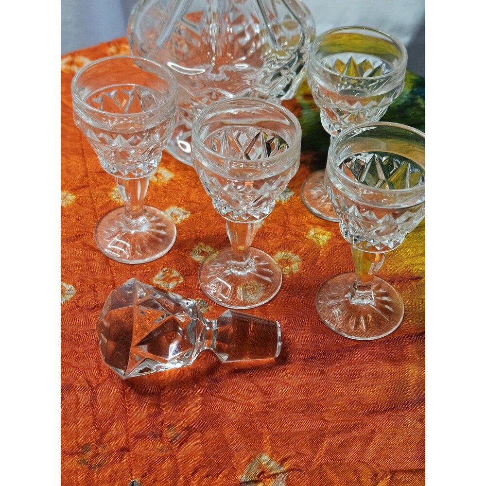 Vintage Cut Glass Decanter Set w/ Stopper & 4 Stemmed Cordial Glasses